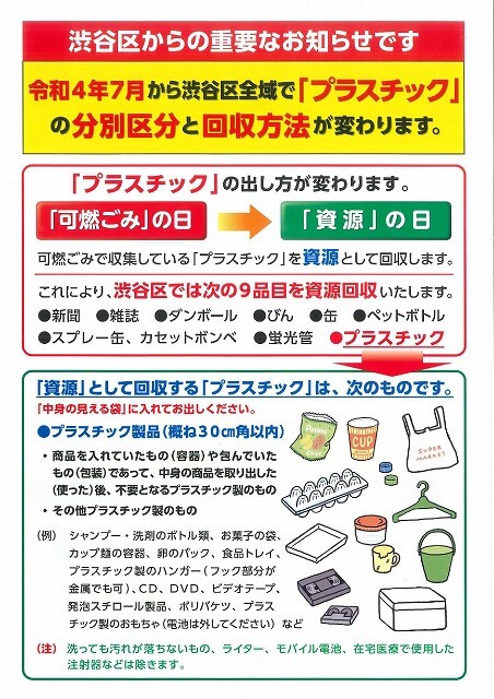 渋谷区のプラスチックごみ分別区分が変更になります。